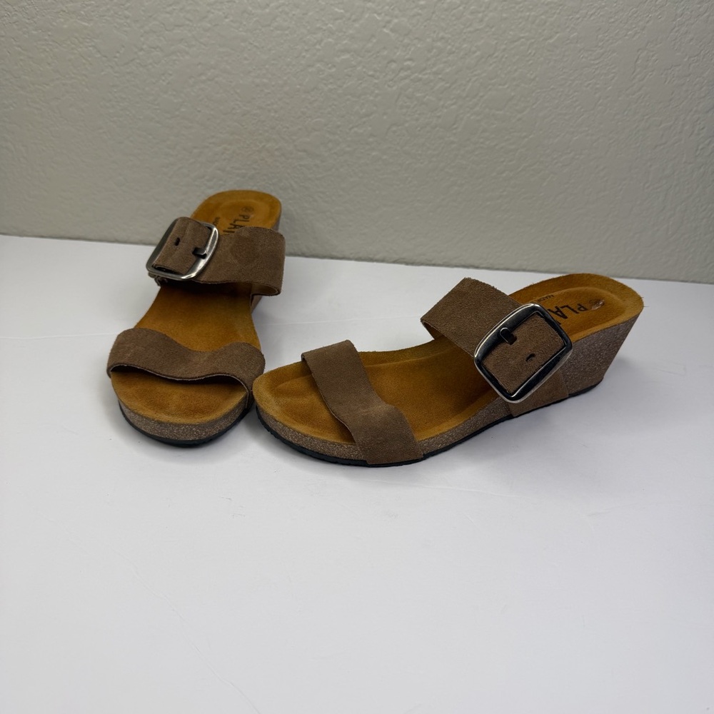 Plankton Bios Women’s Brown Cork Wedge Suede Leather Sandals Size 38 EU 7.5 US